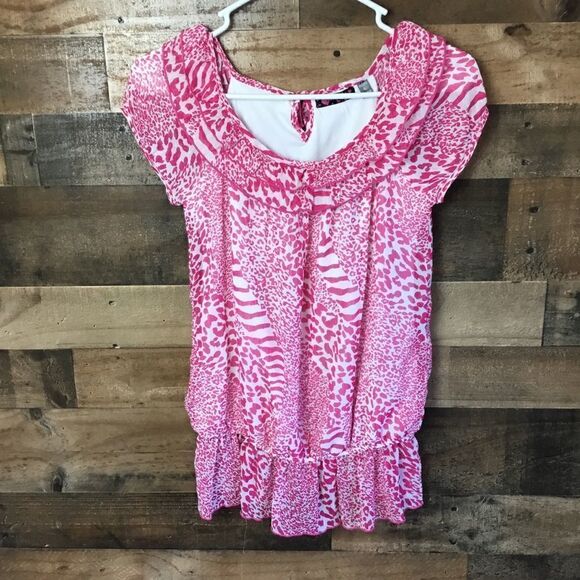Tempted Blouse Pink White Animal Print Ruffled Layered Scoop Neck Large Girls - Picture 8 of 12